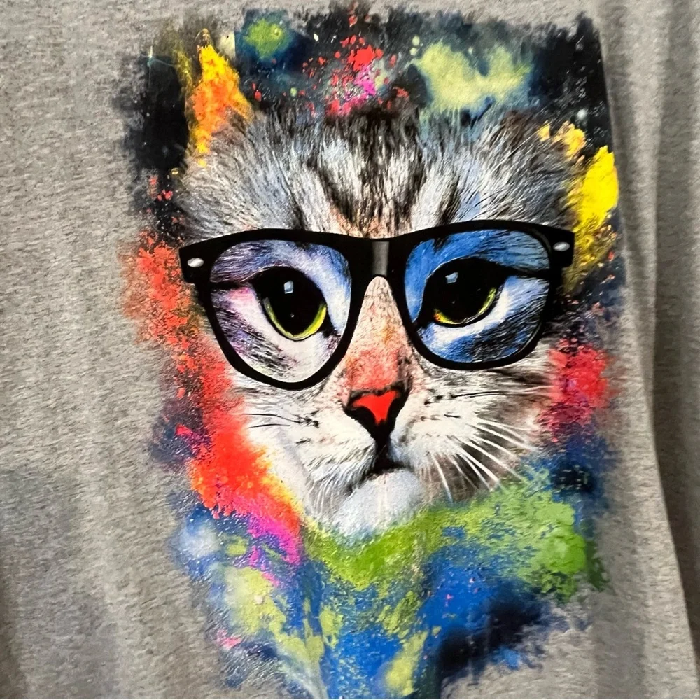 Fruit Lum VTG 2000 Gray Cat In Glasses Graphic T-Shirt Womens Cotton L NWT